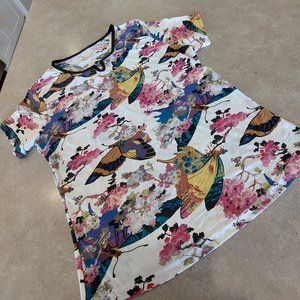 WOMEN'S White Floral Butterfly Print Stretch Short Sleeves Knit Top Size Medium